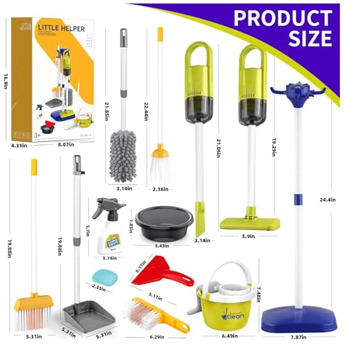 AM ANNA Toddler Toys Cleaning Set, 14Pcs Kids Cleaning Toy Set, Pretend Play Home Playset - Incl.Electric Toy Vacuum, Broom and Dustpan Sets, Mop,Duster and More (Blue)