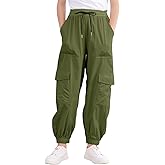 Kimoda Girls Cargo Pants Elastic Waist Casual Jogger Pants for Girls Streetwear Loose Parachute with Pockets 7-14Years