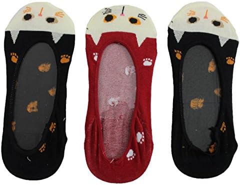 Women's Cute Kitty Cat Face No Show Liner Socks (3 Pair) Black Red