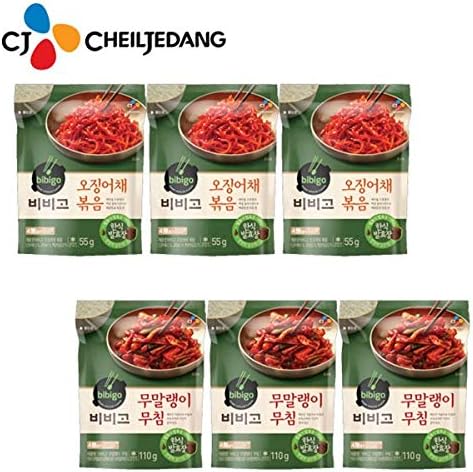 [ 6 Packs ] CJ Bibigo Korean Dried Shredded Squid Stir-fry 오징어채볶음 55g x 3, Dried Slices of Daikon 무말랭이무침 110g x 3
