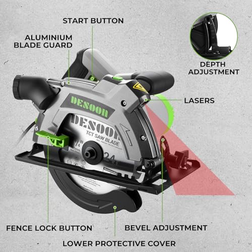 DESOON Sega Circolare da 1600 W con Guida Laser, Include Guida Parallela e 2 Lame da Seghetto (185 mm, 24T e 40T), 5500 Giri/min, Profondità di Taglio 65 mm (90°) e 43 mm (45°), per Taglio Legno