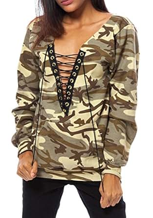 Womens Sexy Deep V Neck Lace Up Long Sleeve Camouflage