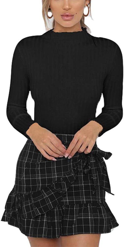 Antopmen Women Half Turtleneck Ruff Long Sleeve Soild Color Casual Slim Tees (Medium, Black)
