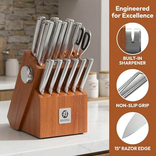 imarku High Carbon Stainless Steel Gyutou Knife Set with Block, Precision-Forged Razor Sharp 10–15° Edge, Ergonomic Non-Slip Handle, Built-in Sharpener, Brown, Best Gift Choice, Cooking Enthusiasts