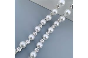 SHBBON 1 Yard Rhinestone Trim Pearls and Diamonds Crystal Chain Rhinestones Pearl Chain for Craft Rhinestone and Pearl Trim Applique Beaded Embellishments for Bridal Wedding Dress Decoration (Silver)