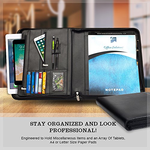 Professional Executive Business Padfolio Portfolio Case - PU Leather Resume & Document Organizer with 10.1 Inch Tablet Sleeve, Zipper, Premium Paper Pad - Deluxe Edition Black - Thumbnail 5