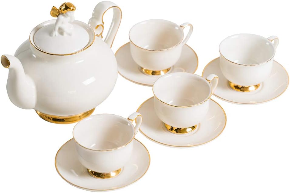 wuchenmin Porcelain Tea Sets, Teapot, Teacups, Saucers, Angel Decor Lid, Golden Rim, European Style, Classical, Exquisite, Coffee, Birthday, Wedding, Set of 9.