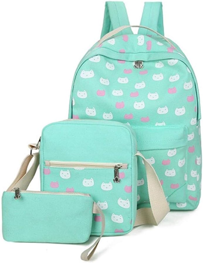 3 Pcs/Set Backpack Canvas Bookbags School Backpacks Bags Light Green L40cmW28cmH12cm