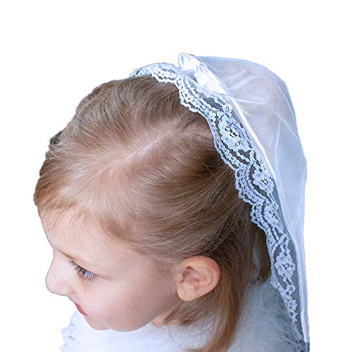 Girls First Communion Veils | Confirmation Christening Veils | Floral and Bright Headpieces | Catholic Children Veils | Christian Apparel (Two White Flowers)