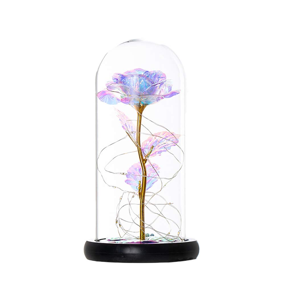 Beauty and the Beast Rose, Artificial Eternal Rose with LED Light in Glass Bell and Wooden Base, Roses House Decoration Gift for Women Girls Birthday Wedding Christmas