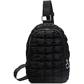 Puffer Bag Quilted Sling Backpack for Women Men Puffy Nylon Daypack Crossbody Chest Purse,Black