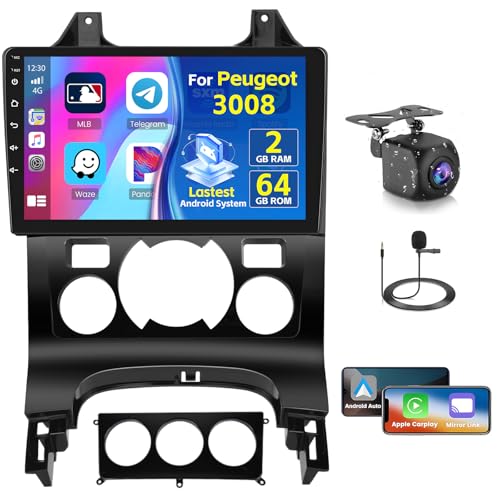 Inefala Radio for Peugeot 3008 2009-2015 Android 15 2+64G with Wireless Carplay and Android Auto, 9'' Touch Screen Stereo Radio with Bluetooth 26UI EQ GPS FM/RDS SWC AHD Reverse Camera