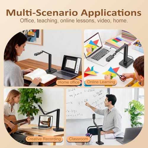 Visualiser for Teaching: 12MP Document Camera & 4K Webcam with Manual Zoom, Auto Focus, Built-in Mic, LED Light, For Mac/Windows/Chromebook, Zoom/OBS | for A3, Distance Learning, Online Art