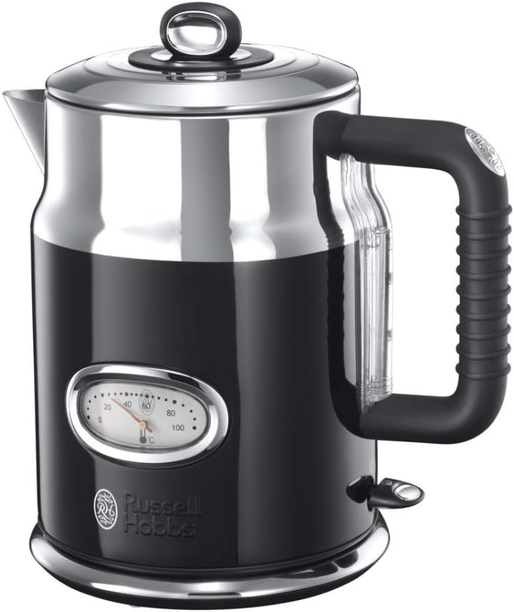 Russell Hobbs Wasserkocher, Retro schwarz, 1,7l, 2400W, Schnellkochfunktion, Wassertemperaturanzeige im Retrodesign, Füllmengenmarkierung, optimierte Ausgusstülle, Vintage Teekocher 21671-70