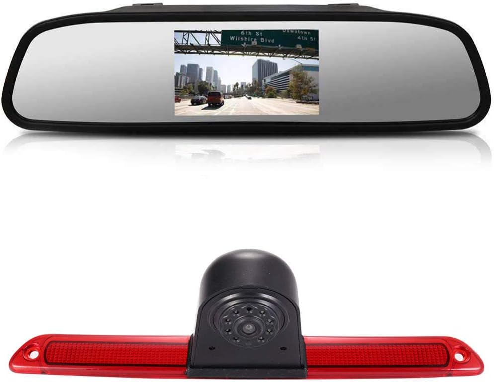 Third Roof Top Mount Brake Lamp Reverse Rear View Backup Camera Angle and distance Adjustable IR Night Vision for Benz Sprinter W906/Transit Ducato Crafter Master Caravelle +4.3'' rearview mirror