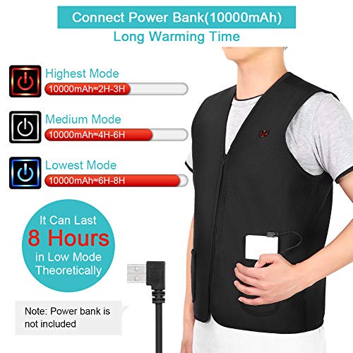 Chaleco Calefactable Lavable, Chaleco Calefactor de Invierno con Línea de Alimentación USB para Hombre y Mujer, Chaleco Térmico Eléctrico para Caza Cámping Excursionismo Esquí, Negro