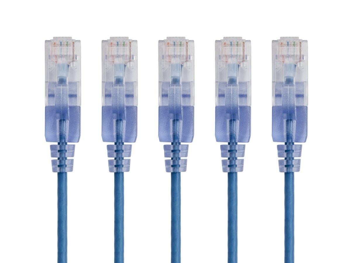 Monoprice Cat6A 50ft Blue 5-Pk Patch Cable UTP 30AWG 10G Pure Bare Copper Snagless RJ45 SlimRun Series Ethernet Cable