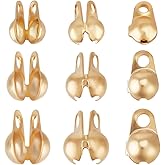 Beebeecraft 300Pcs 3 Size Clamshell Bead Tips 18K Gold Plated 304 Stainless Steel Small Fold-Over Bead Tips Knot Covers Ends Caps Ball Chain Connector Clasp for Jewellery Making Bracelets Necklaces