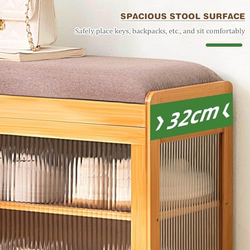 Bamboo Shoe Bench, 3-Tier Shoe Bench Cabinet with Cushion, Dust-Blocking Acrylic Doors, Shoe Organizer Storage Rack for Entryway, Hallway, Living Room, Bedroom