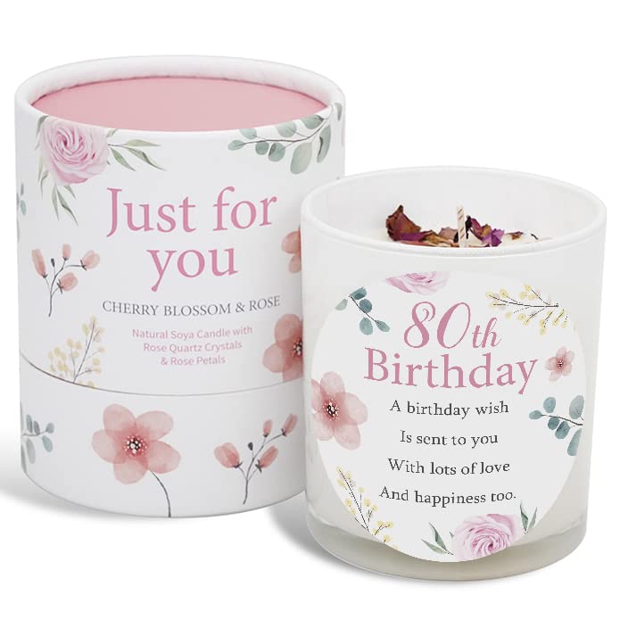 80th Birthday Candle Makes a Great Gift for 80th Birthday Gifts - Ideal for Eightieth Birthday Gift SOYA Candle with Rose Quartz and Rose Petals