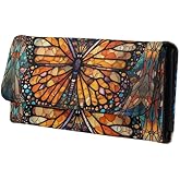 Jolamirel Monarch Butterfly PU Leather Trifold Wallet for Women, Stained Glass Butterfly Handcrafted Stitching Ladies Credit Card Holder Modern Art Zipper Pocket Long Wallet