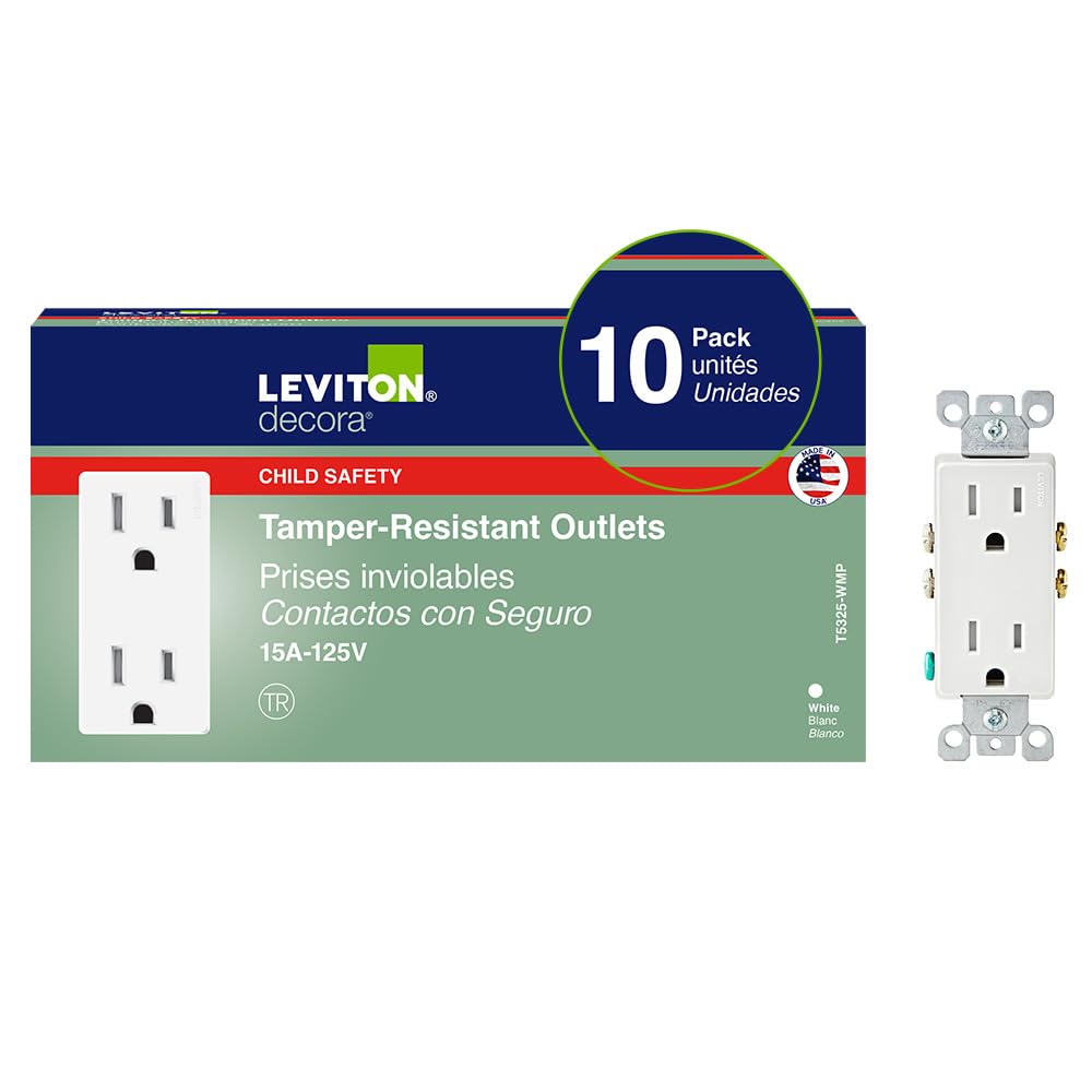 Photo 1 of Leviton 15 Amp Decora Tamper-Resistant Duplex Electrical Wall Outlet, 10 Pack, T5325-WMP, White