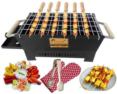 hot life Charcoal Barbecue Grill Tandoor/for Outdoor Camping & Picnic, Carbon Steel Base with Chrome Grill with 6 Wooden Handle skewers