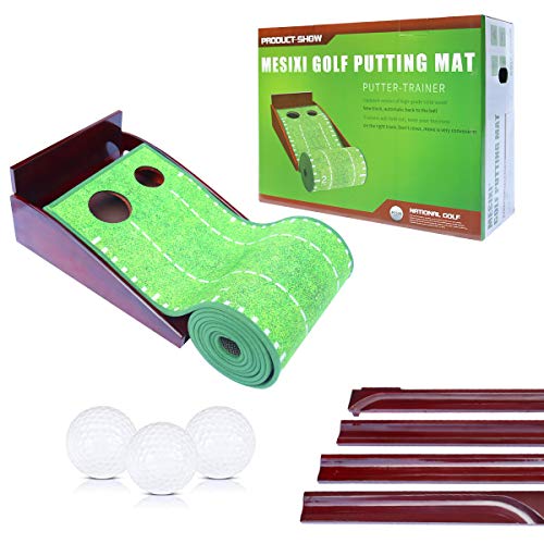 MESIXI Wood Golf Putting Mat Green with Auto Ball Return System