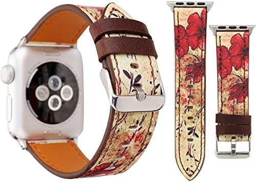 Painted Design for Apple Watch Band 38/40mm 42/44mm Soft PU Leather Painted Floral Musical Style Replacement Strap with Stainless Steel Classic Buckle for iwatch Series4/3/2/1(Red-flower-38/40mm) …