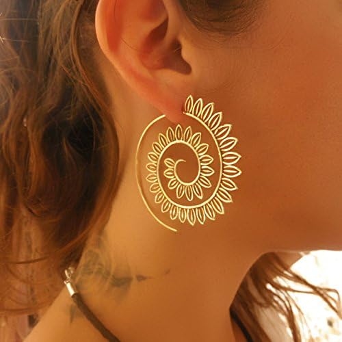Large Bohemian Vintage Hoop Earrings Circles Tribal Earrings Brass Spiral Earrings for Women Retro Gypsy Ethnic Indian Swirl Earrings for Women