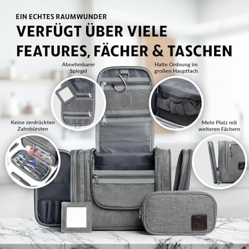 Obics Kulturbeutel Herren & Damen Gross grau 8L XL - Kulturtasche zum Aufhängen & mit Spiegel - Toiletten-Tasche mit Henkel hängend - Kosmetik-Beutel groß - Waschtasche 10 Fächer für Camping Reisen thumbnail 2