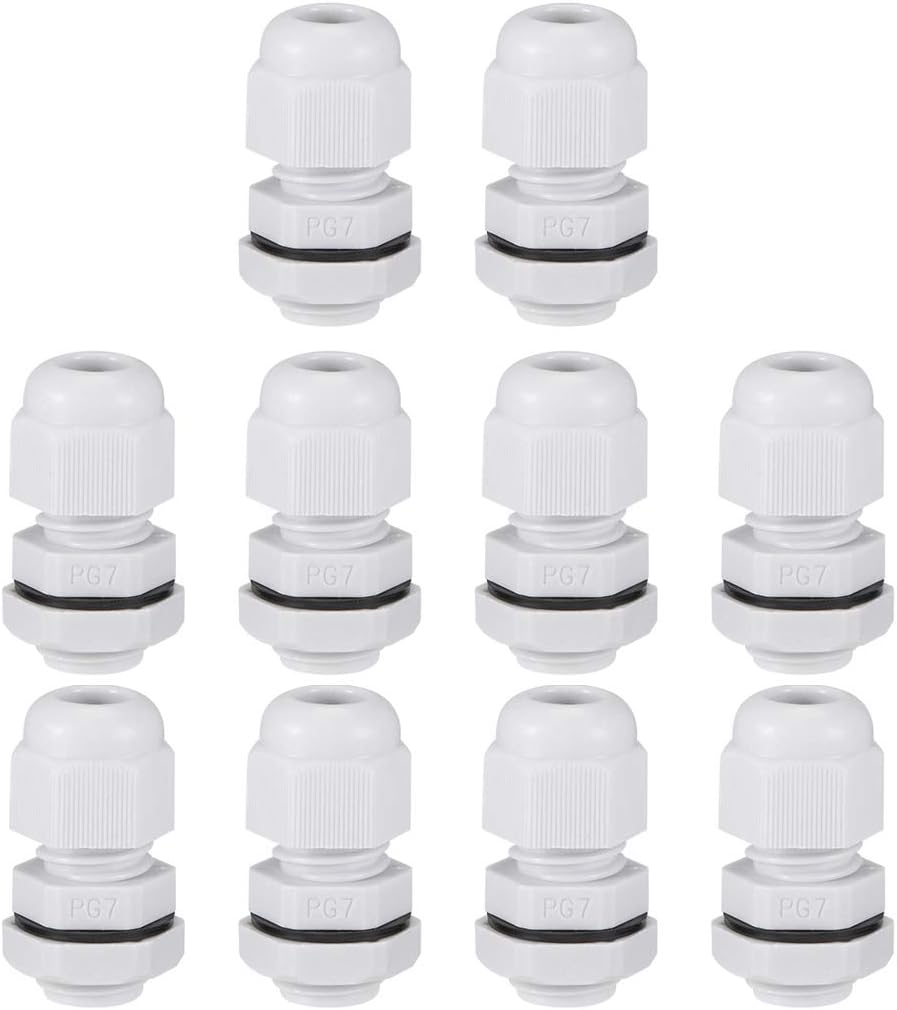 sourcing map 10Pcs PG7 Cable Gland 2mm-5mm Wire Hole Waterproof Nylon Joint Adjustable Locknut with Washer White