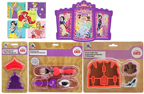 Royal Girls Princess Mealtime Disney Magic Collection Fork & Spoon Flatware + Ice Pack + Food Cutter + Stickers & Fasion Castle Plate