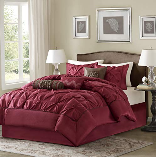 Hemau Premium New Soft Laurel King Size Bed Comforter Set Bed in A Bag - Burgundy, Wrinkle Tufted Pleated â€“ 7 Pieces Bedding Sets â€“ Faux Silk Bedroom Comforters | Style 503195344