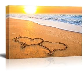 Canvas Prints Wall Art - Beautiful Beach View/Scenery Two Hand Drawn Hearts on Beach Sand Over Sunset | Modern Wall Decor/Home Decoration- 12" x 18"