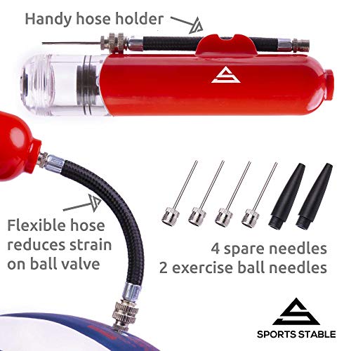 Sports Stable Dual Action Ball Pump Comes with 5 Standard Needles and 2 Plastic Yoga Ball Adaptors for Your Football, Basketball, Soccerball, Pilates Ball, Volleyball, Handball, Yoga Ball