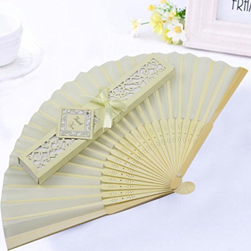 Luweki 1PC Silk Fold hand Fan Elegant Laser-Cut Gift Box Party wedding Gifts (Beige)
