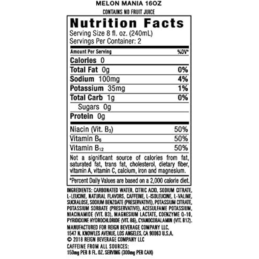Reign Energy Drinks Total Body Fuel, Melon Mania, Fitness " Performance