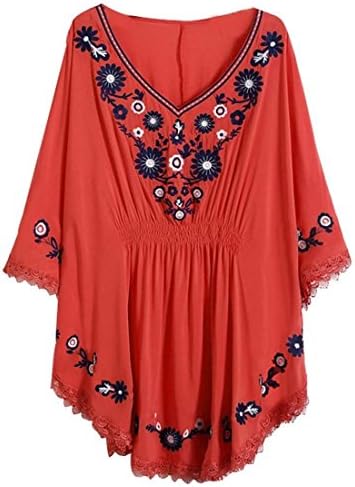 XinqiaoWomens Bat Sleeve Tops Embroidered Peasant Dress Mexican Bohemian Blouse