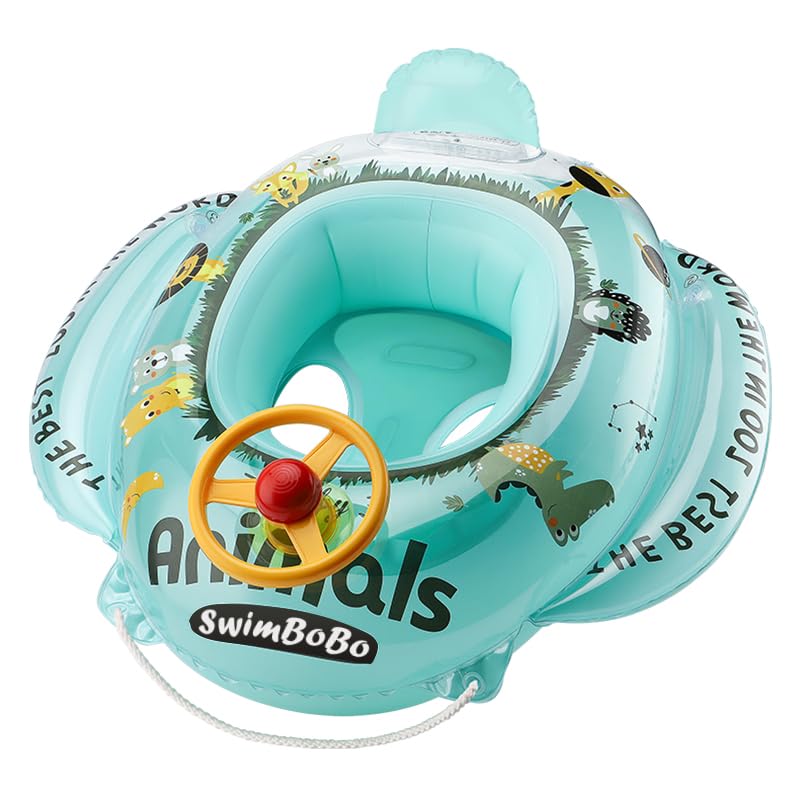 Swimbobo Toddler Pool Float with Seat Boat Inflatable Ride-on Airplane Baby Floatie for Kids Outdoor Toys(Green Animals)