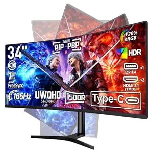 cocopar モニター 34インチ UWQHD USB Type-C 曲面 ウルトラワイド 3440x1440p 165Hz HDMI DP 画面回転 HG-4K34C