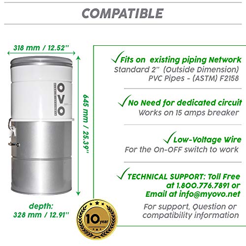 OVO, Large and Powerful Central Vacuum System, 700 AW Hybrid Filtration