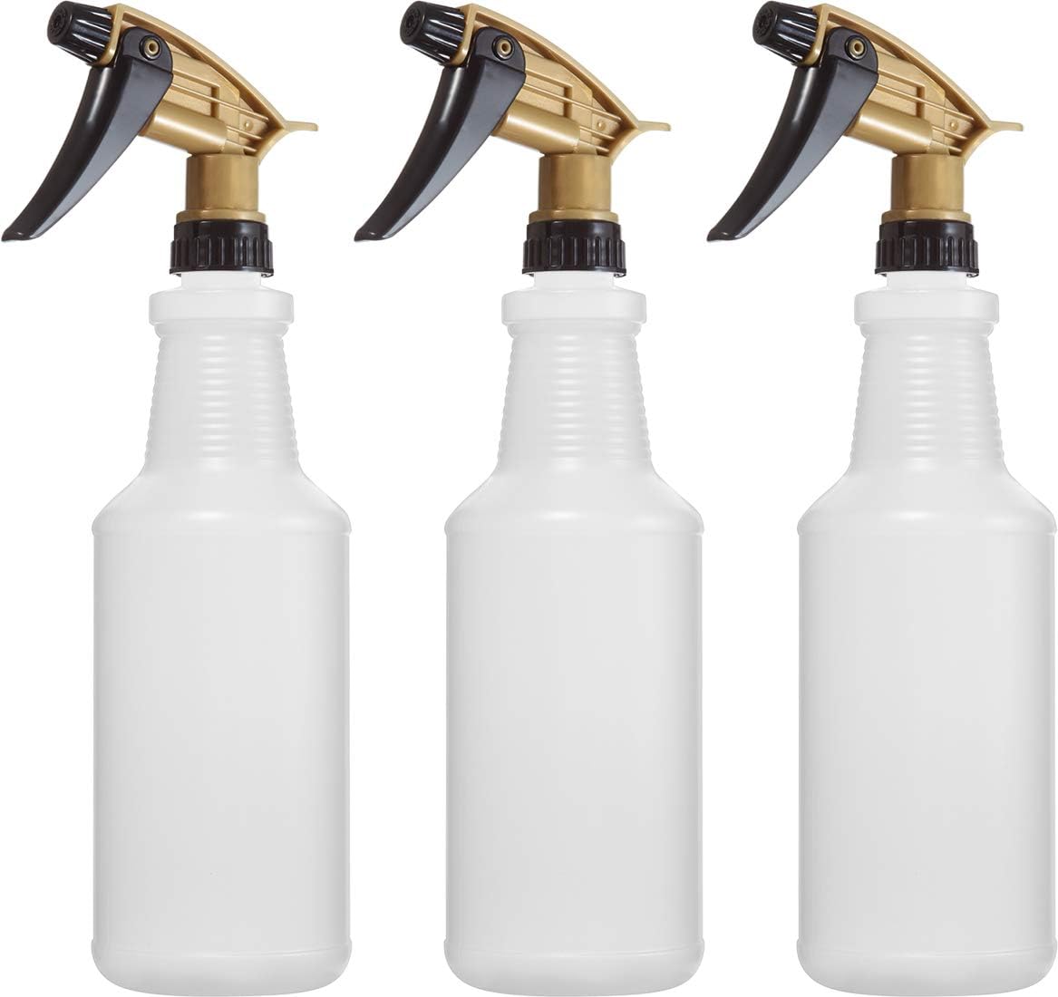 Bar5F Empty Plastic Spray Bottles 32 oz, Chemical Resistant, Professional, Heavy Duty, Fully Adjustable Head Sprayer, Pack of 3 (Black/Gold)