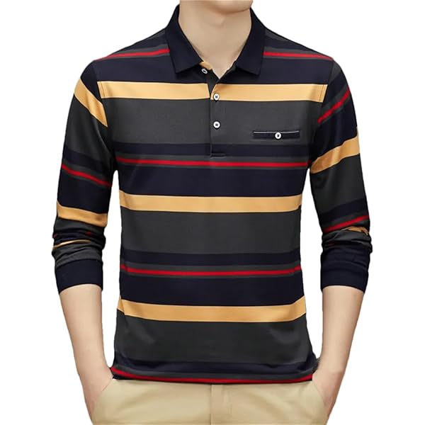 Men Long Sleeve Multi-Color Poloshirt Male Striped Casual T-Shirt