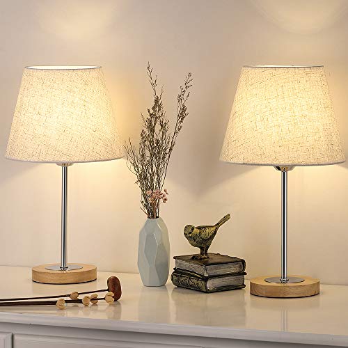 Nightstand Table Lamp for Bedroom, Small Wood Desk Lamps Set of 2, Modern Bedside Lamp with Linen Shade for Dressers, Coffee Table, Nursery, Bookcase, Sliver - Thumbnail 6