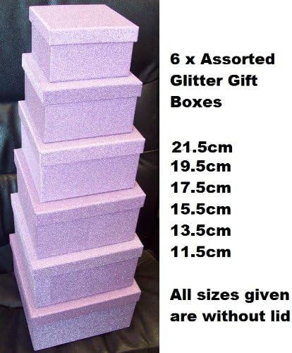 Set of 6 Assorted Square Glitter Gift Boxes with Lid - Lilac with Silver Glitter