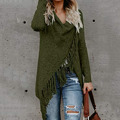HOSOME Women Sweater Stripes Poncho Fall Tassels Slash Gradient Shawl Hem Fringe Loose Tops Green - Thumbnail 2