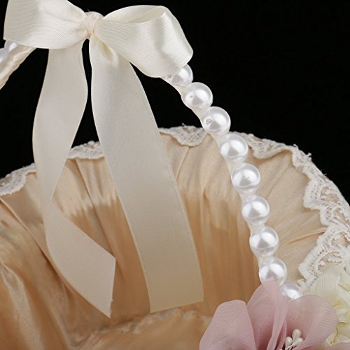 Flower Girl Basket Ribbon Bow Pearl Handle Silk Satin Lace Flower Basket for Wedding Bridal Ceremony Party Decoration Supplies - Thumbnail 5