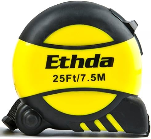ETHDA Tape Measure, Easy to Read Ruler, Retractable, Heavy Duty, Magnetic Hook, Sturdy Blade, Power Lock, Clip and Strap, Imperial Inch Metric Scales, Shock Absorbent Solid Rubber Case, 25 Foot (7.5m)