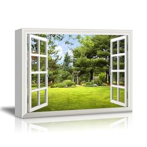 Print Window Frame Style Beautiful Garden Backyard with Green Trees and Clear Blue Sky in Spring Gallery Stretched - Canvas Art Wall Art - 24" x 36"